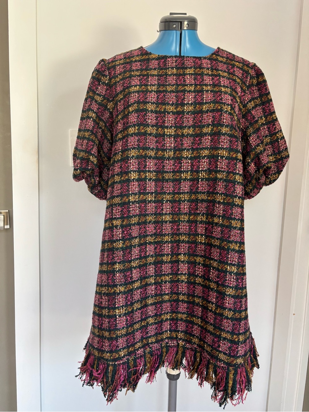 Prosperina Plaid Tweed Fringe Mini Shift Holiday Cocktail Dress M NWT